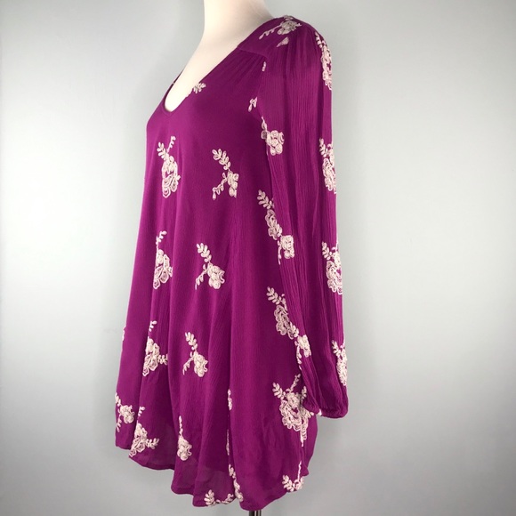 Free People Purple Emma Embroidered Floral Dress Size XS Tunic Swing Boho White - Picture 3 of 8